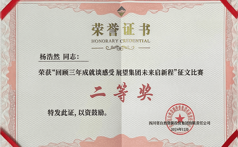 中成集团杨浩然喜获四川腾龙国际平台集团“回顾三年成就谈感受 展望集团未来启新程”征文比赛二等奖